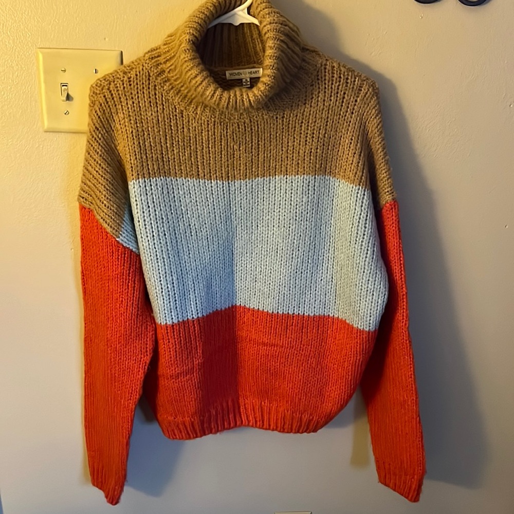 Color block cowl neck sweater